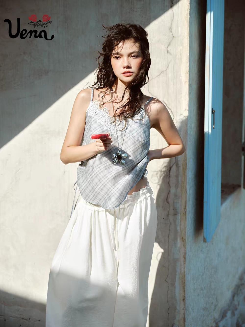 Uena Plaid Lace-Trim Camisole in Light Gray and White